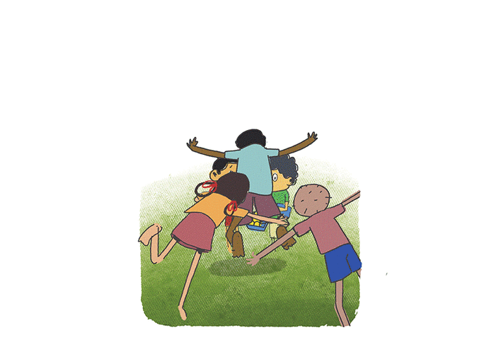 The students jump on the boys holding the box of laddoos.