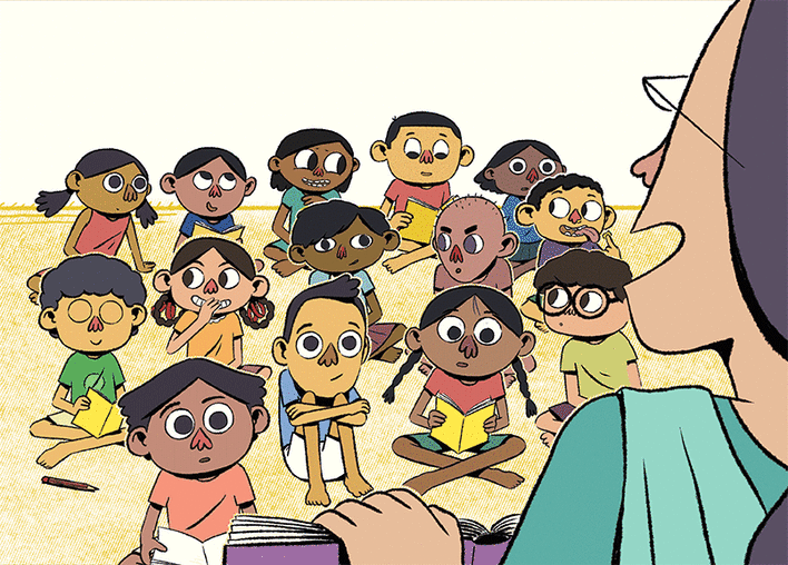 Three students look around suspiciously while a teacher teaches.