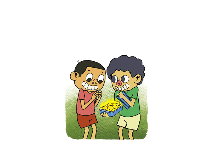Three students ambush two boys holding the box of laddoos.