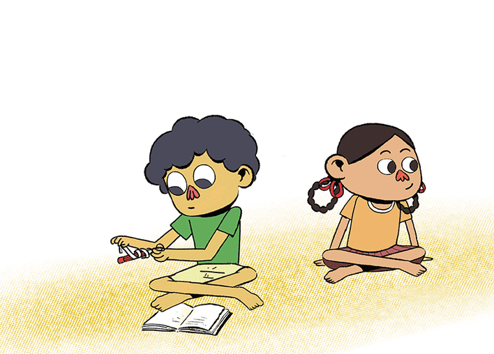 A boy writes an encrypted note and passes it on to a girl.