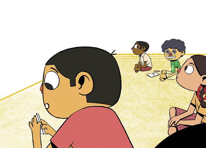A boy reads the note sent by his friend and his friend winks at him.