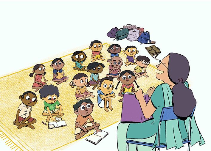 A boy passes a note to a girl in the class.