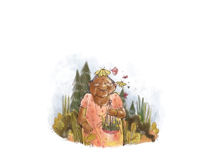 Old lady in her garden with butterflies