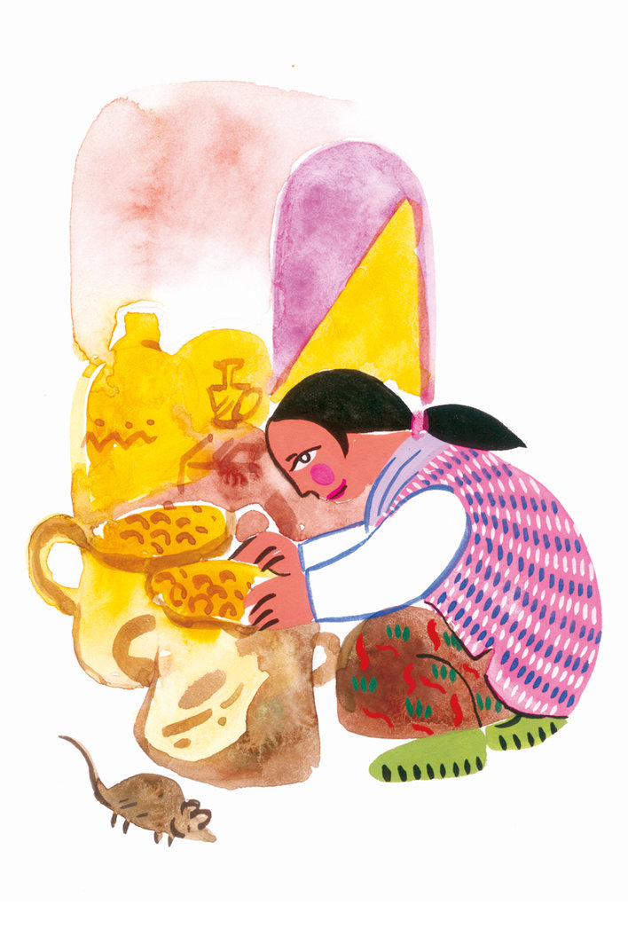 Woman opening sacks filled with gold