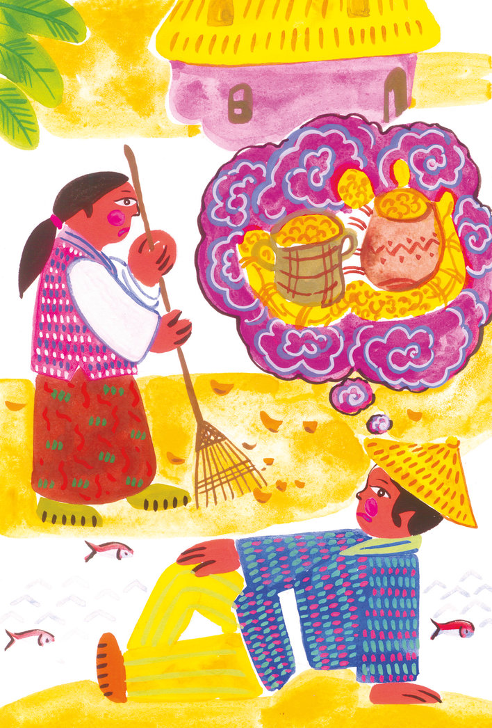Man sitting on the ground while woman sweeps