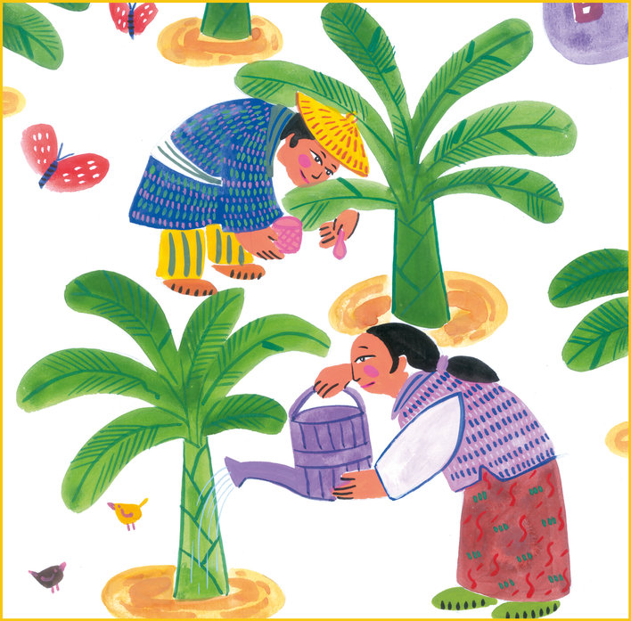 Man and woman watering plants