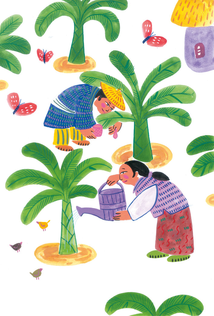 Trees being watered by a woman and a man