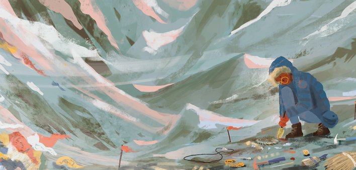 An archaeologist digs fossils in the mountains
