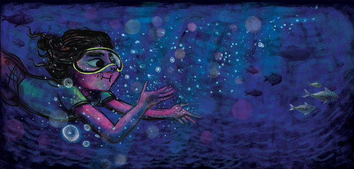 Girl and plankton and fish