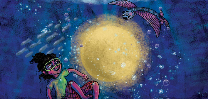 A girl and a fish in the sea