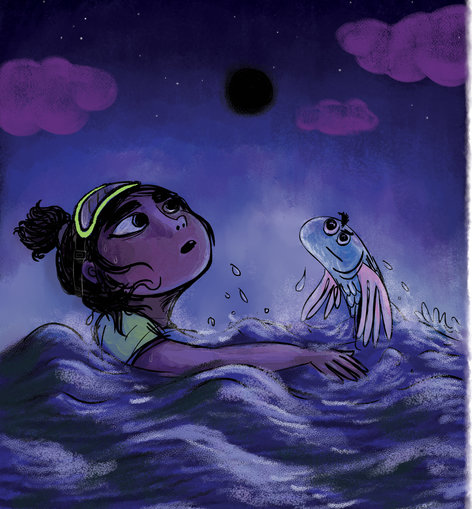 Girl and a fish looking at the sky