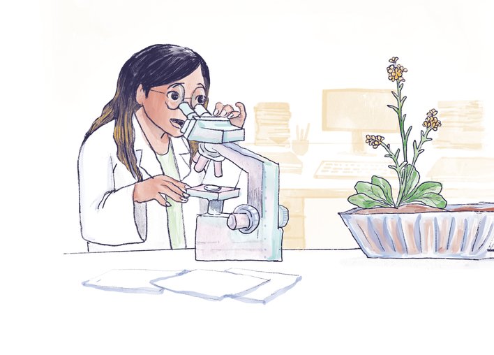 Woman looking through a microscope