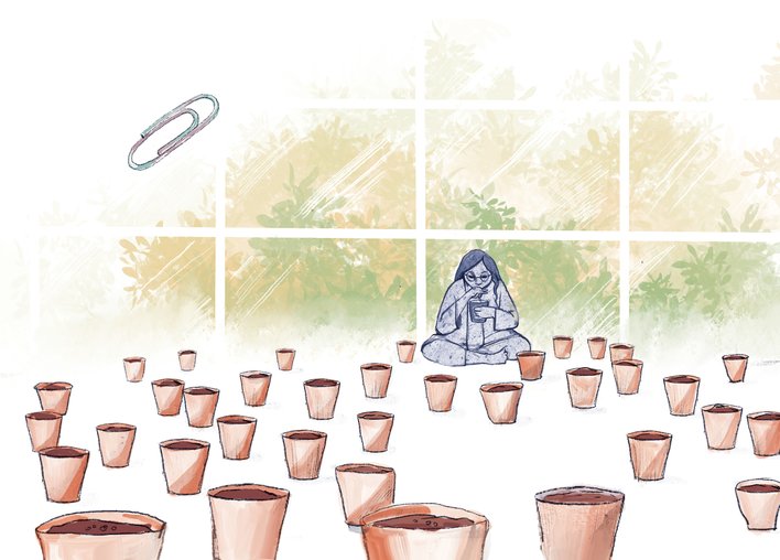 Woman sowing mustard seed in many pots with a paperclip
