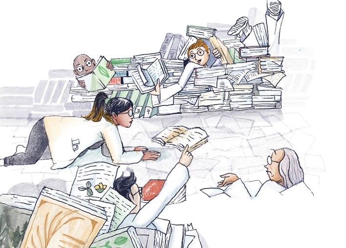 Woman crawling through books and papers handed over by other people