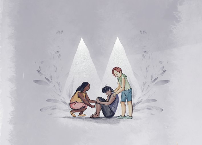 Two people helping and consoling a person who is crying