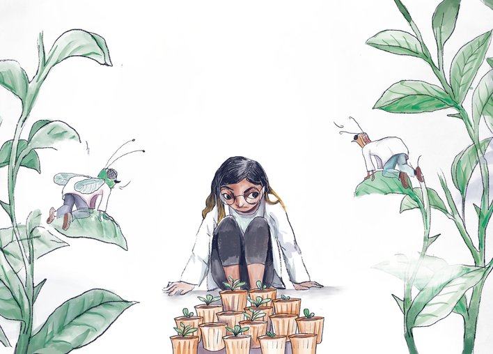 Woman surrounded by plants and bugs