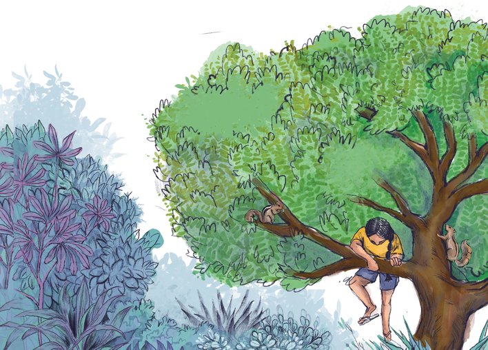 Girl climbing over the branch of a large tree