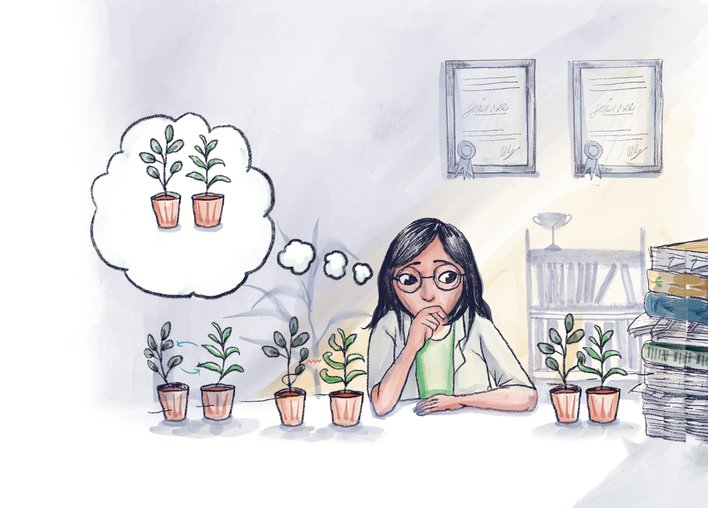 Woman in deep thought about the relationship between various plants