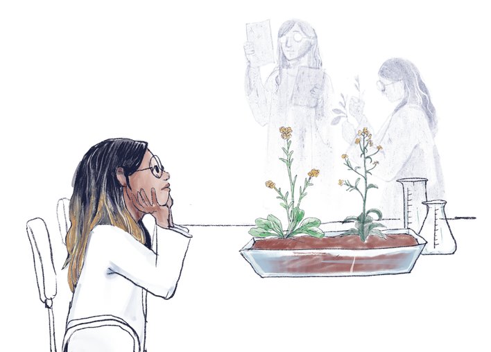 Woman researching studying and thinking about plants