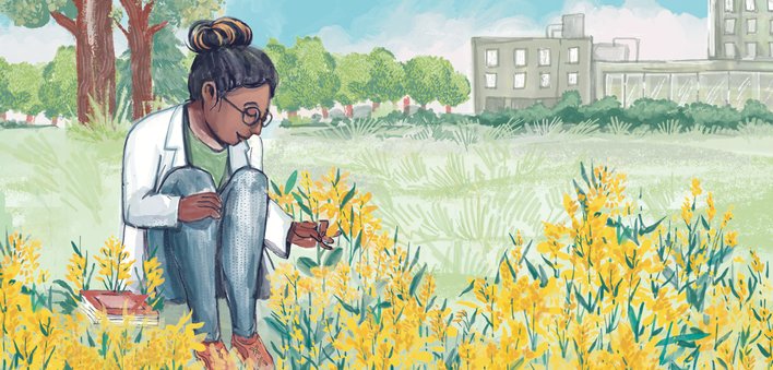Woman sitting in a field of yellow flowers