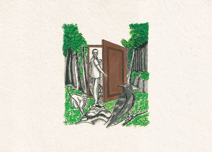 Man opening a door surrounded by nature