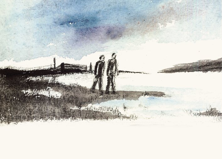 two people walking by the river