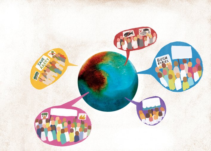 The earth with speech bubbles around it
