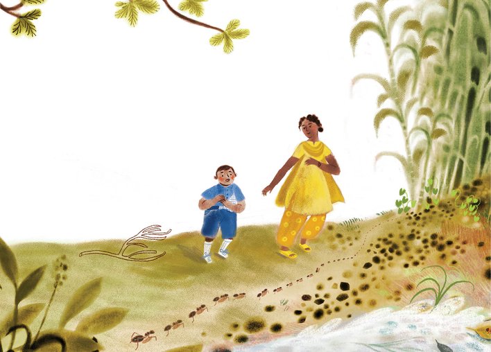 Teacher and boy walking amongst dense cane bushes