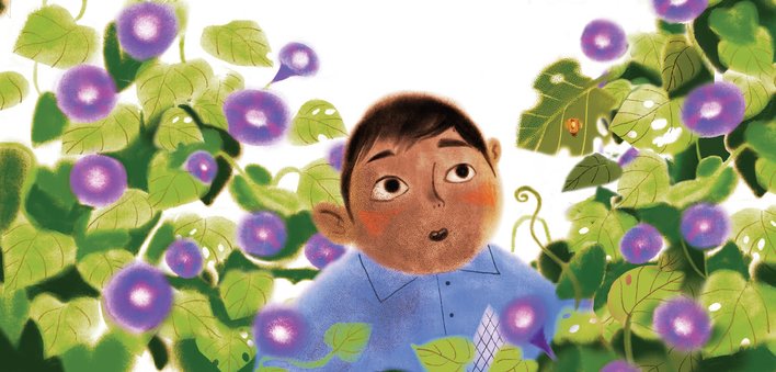 Boy amongst morning glory creepers looking at a tortoiseshell beetle