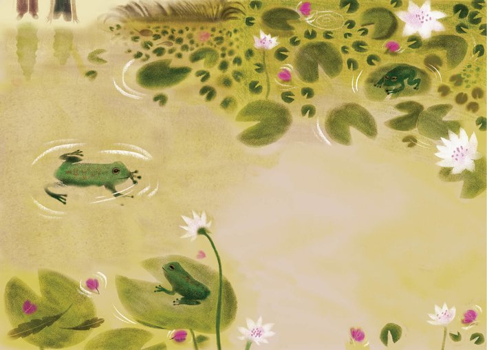 Frogs running on the surface of a pond