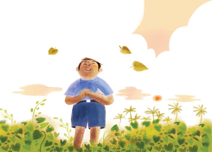 A boy happily looking up at the sky feeling hopeful