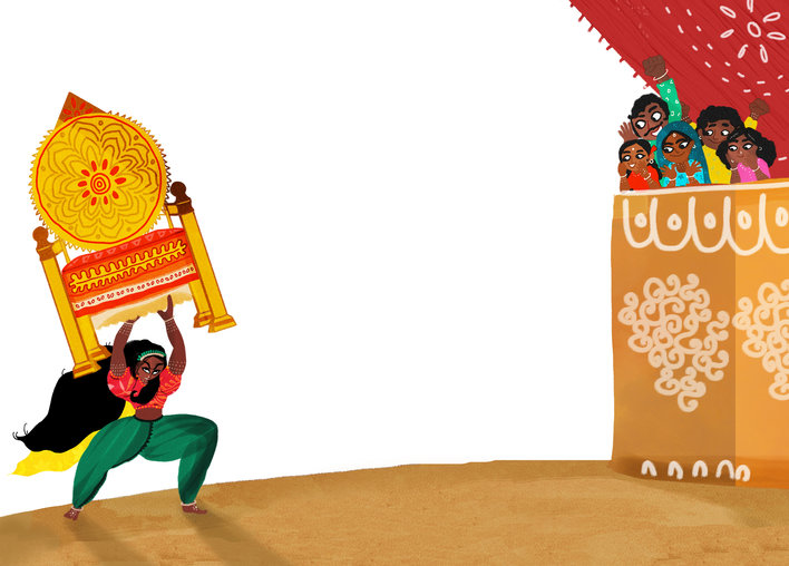 A girl lifts the gold throne