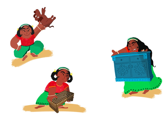 Girl lifting a chair, a dog and a cupboard