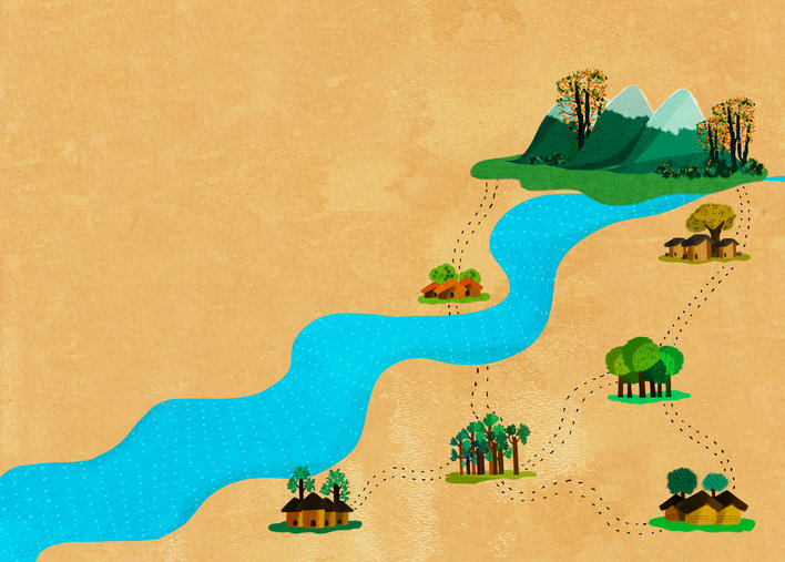 A map with hills and villages