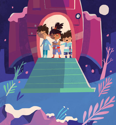 Three children standing in a rocket