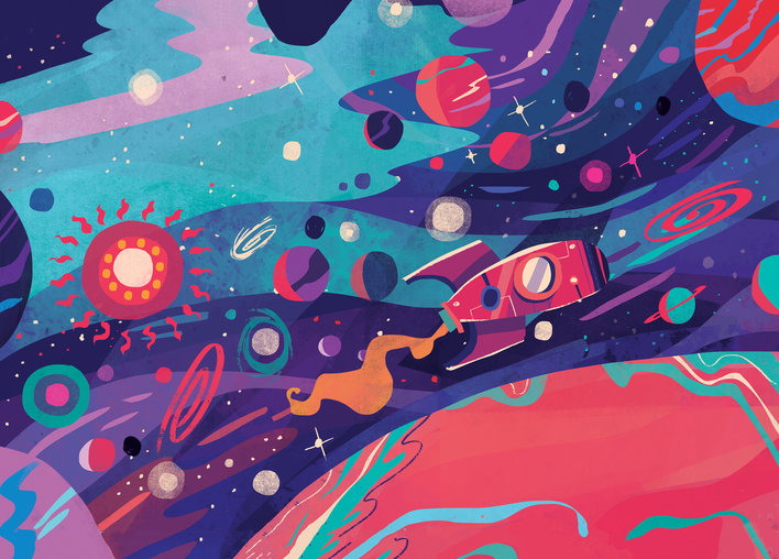 A rocket flying up in space
