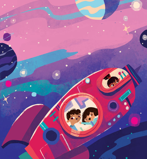 Three children flying off in a rocket