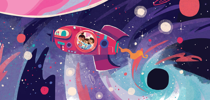 Three children in a rocket