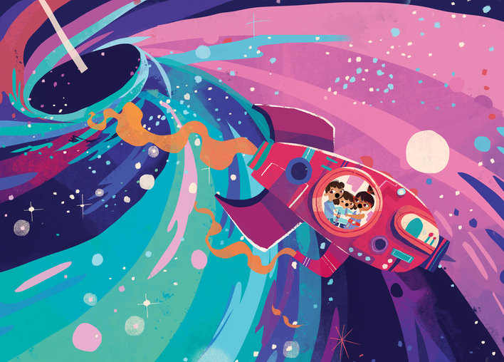 A rocket with three children escaping from a black hole