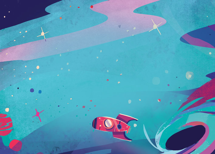 A rocket escaping a black hole in space