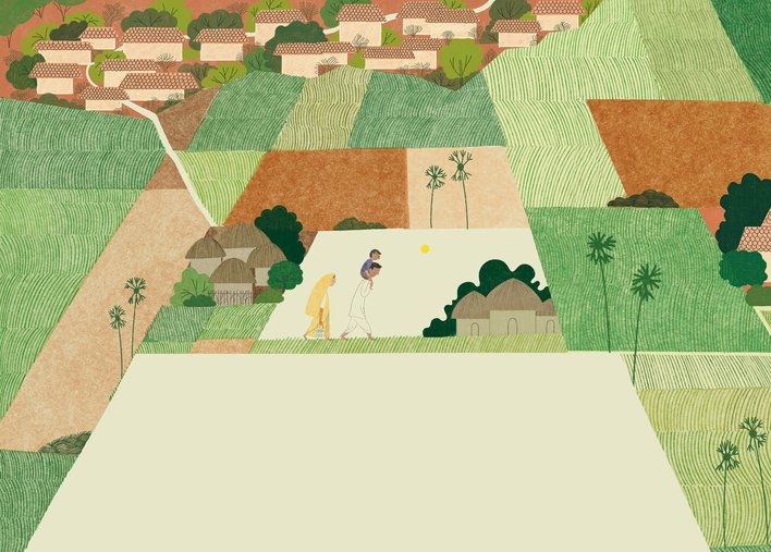 Family walking in the sun among a collage of crop fields and houses