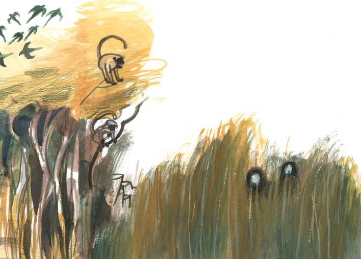 Two ears poking out from a tall grass bush