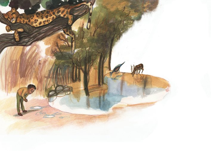 A man near a pond as a leopard sleeps on a tree