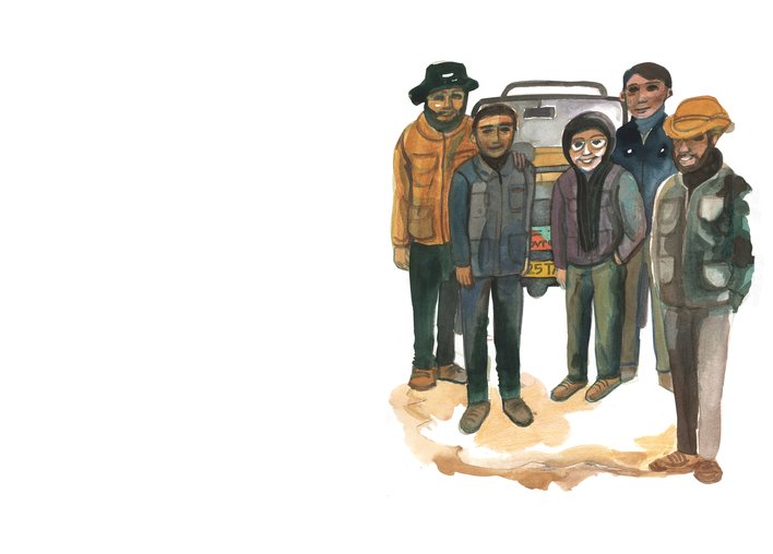 A group of people standing in front of a car