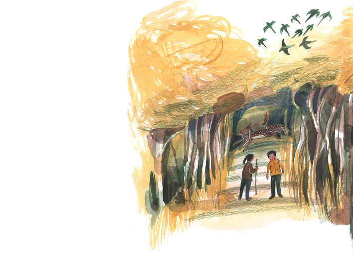 Two people walking in the forest