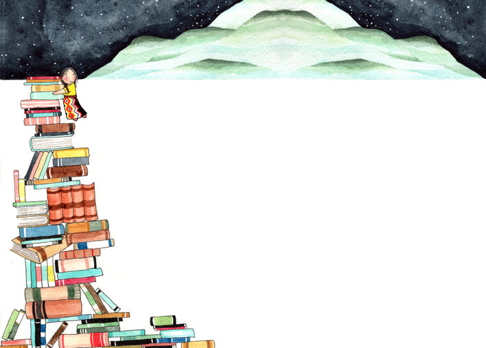 Girl standing on a big pile of books