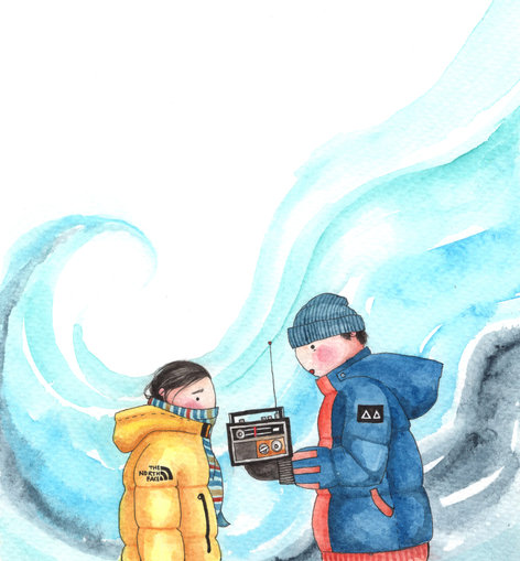 Girl and boy listening to the radio