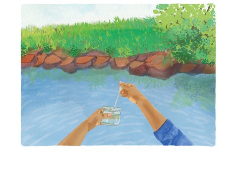 the hands collecting water sample