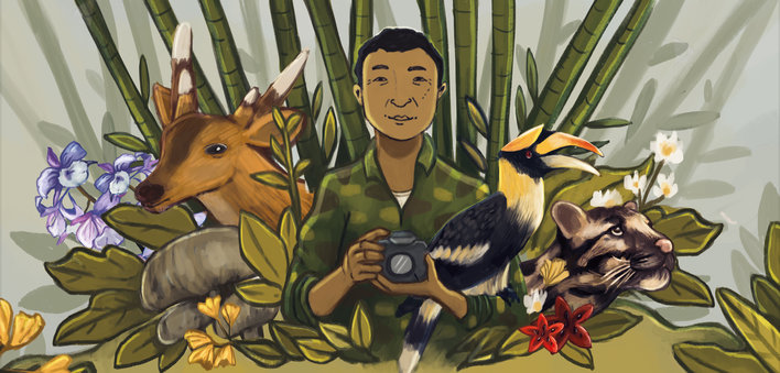 Man surrounded by plants