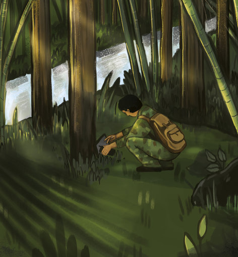 Man looking at a camera trap